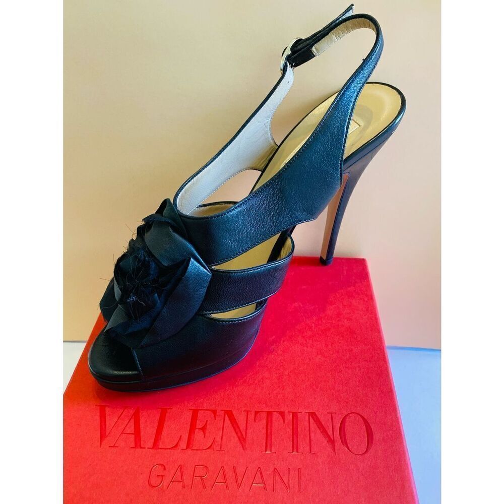 Valentino Black Leather Rose Embellished Cut Out Slingback Sandals Size 38